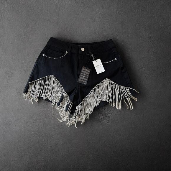 NWT | Rhinestone Fringe Black High Rise Denim Edgy Boho Western Shorts | Sz. 26 - Picture 1 of 3